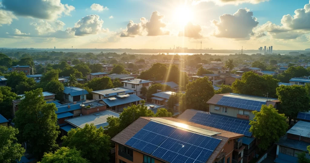 Vista aérea de Belém destacando painéis solares em telhados sob um céu azul iluminado, com árvores verdes ao redor.